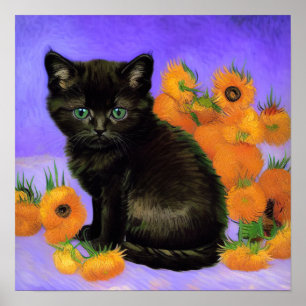 Van Gogh Black Kitten mit Sonnenblumen Poster