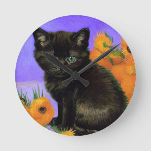 Van Gogh Black Kitten mit Sonnenblumen Runde Wanduhr