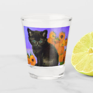 Van Gogh Black Kitten mit Sonnenblumen Schnapsglas