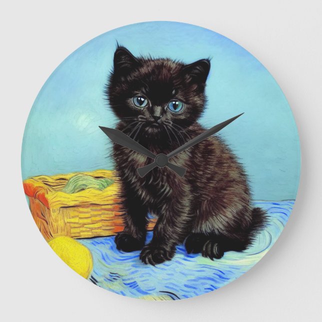 Van Gogh Black Kitten mit Yarn Große Wanduhr (Vorderseite)