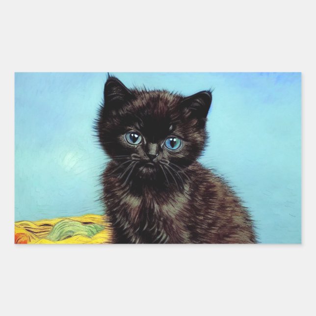 Van Gogh Black Kitten mit Yarn Rechteckiger Aufkleber (Vorderseite)