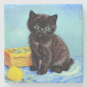 Van Gogh Black Kitten mit Yarn Steinuntersetzer