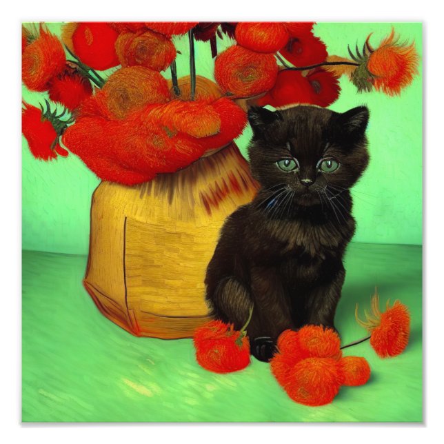 Van Gogh Black Kitten Red Blume Fotodruck (Vorne)