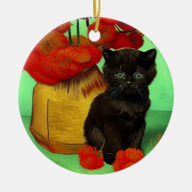 Van Gogh Black Kitten Red Blume Keramik Ornament (Vorne)