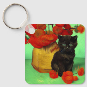 Van Gogh Black Kitten Red Blume Schlüsselanhänger