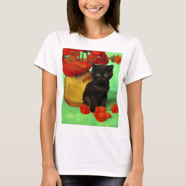 Van Gogh Black Kitten Red Blume T-Shirt (Vorderseite)