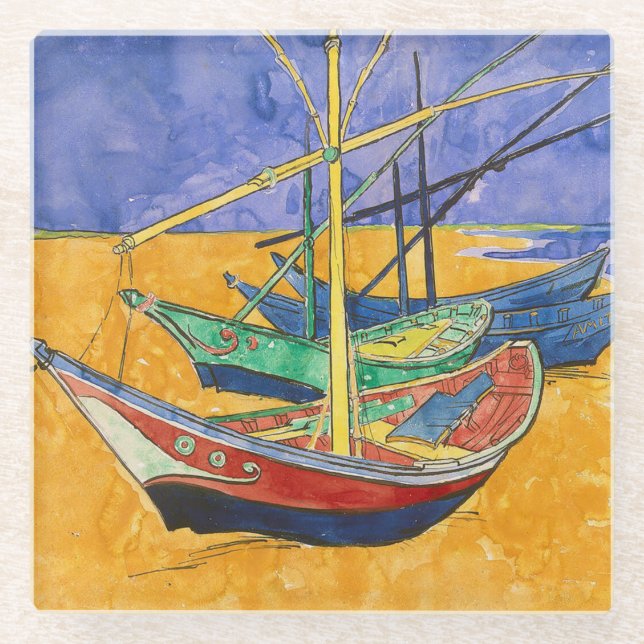 Van Gogh Boats Impressionismus Beach Glasuntersetzer (Vorderseite)