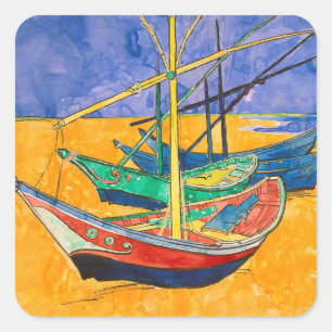 Van Gogh Boats Impressionismus Beach Quadratischer Aufkleber