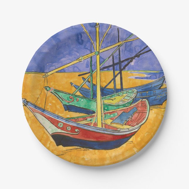 Van Gogh Boote Impressionismus Strand Pappteller (Vorderseite)