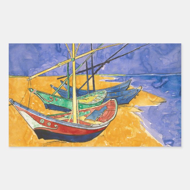 Van Gogh Boote Impressionismus Strand Rechteckiger Aufkleber (Vorderseite)