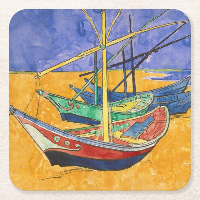 Van Gogh Boote Impressionismus Strand Rechteckiger Pappuntersetzer (Vorderseite)