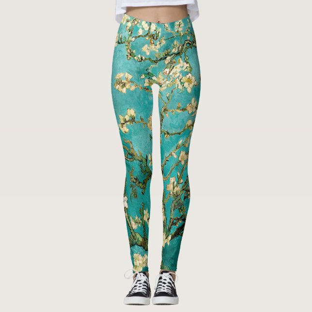 Van Gogh Bright Blue Green Floral Almond Tree Leggings (Vorderseite)
