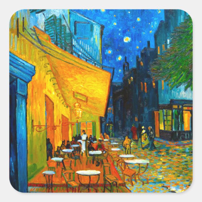 Van Gogh Café Terrasse am Abend Quadratischer Aufkleber (Vorderseite)