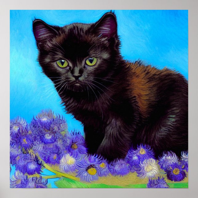 Van Gogh Cat und Blume Poster (Vorne)
