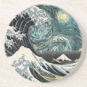 Van Gogh die sternenklare Nacht - Hokusai die Sandstein Untersetzer