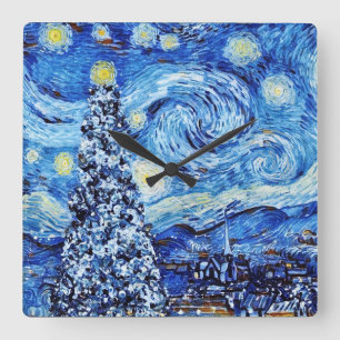 Van Gogh - Die Sternennacht - Weißes Weihnachten Quadratische Wanduhr