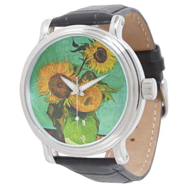 Van Gogh - drei Sonnenblumen, berühmtes Bild, Armbanduhr (Schrägansicht)