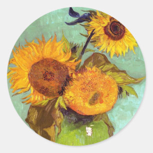 Van Gogh - Drei Sonnenblumen in einer Vase - Kunst Runder Aufkleber