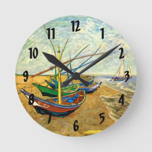 Van Gogh Fischerboote am Strand in Saintes Maries Runde Wanduhr