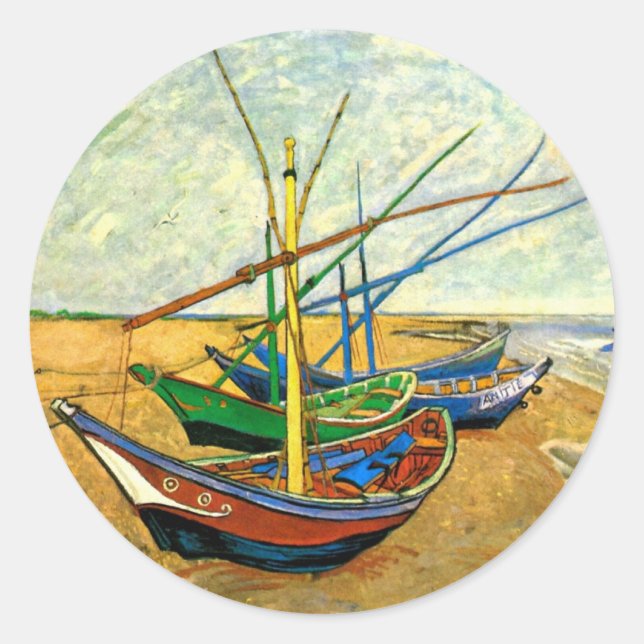 Van Gogh Fischerboote am Strand in Saintes Maries Runder Aufkleber (Vorderseite)