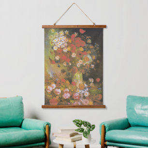 Van Gogh Florales Stillleben Rote Mohnblumen & Ros Wandteppich Mit Holzrahmen