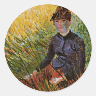 Van Gogh; Frau sitzend im Gras, Vintage-Fine-Art Runder Aufkleber