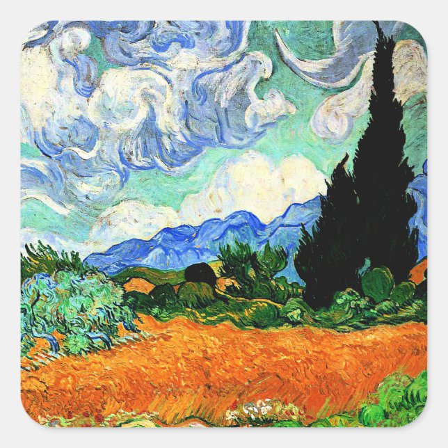 Van Gogh Gemälde, Wheatfield mit Cypress Tree Quadratischer Aufkleber (Vorderseite)