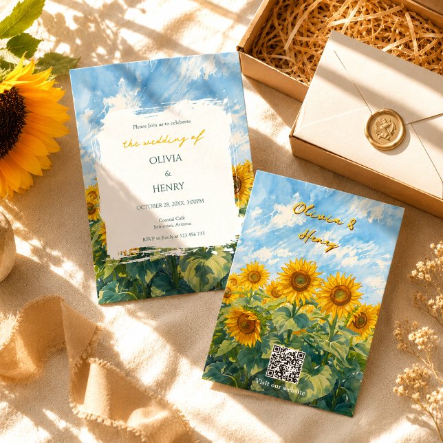 Van Gogh inspirierte Sonnenblumen-QR-Code-Hochzeit Einladung (Von Creator hochgeladen)
