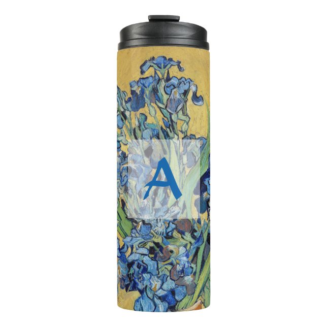 Van Gogh Irises Vase Blue Floral Painted Monogram Thermosbecher (Vorderseite)