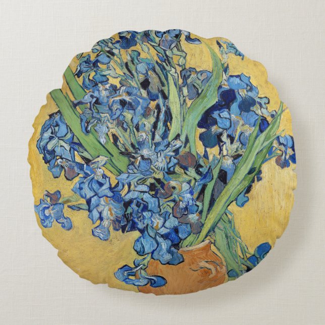 Van Gogh Irises Vase Gold Wall Blue Blumen Kunst Rundes Kissen (Vorderseite)