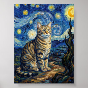 Van Gogh Katze Sternennacht Impressionistische Kun Poster