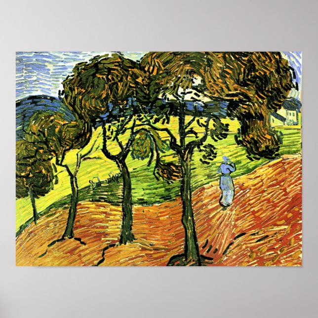Van Gogh - Landschaft mit Bäumen und Figuren Poster (Vorne)