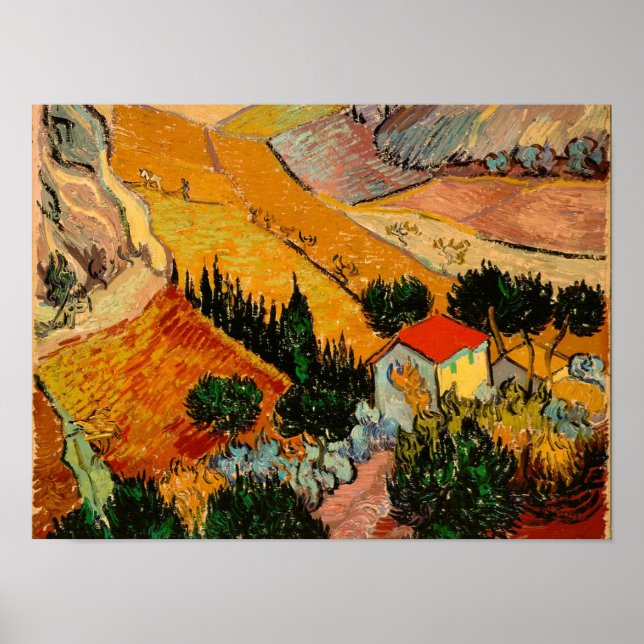 Van Gogh - Landschaft mit Häusern und Plowman Poster (Vorne)