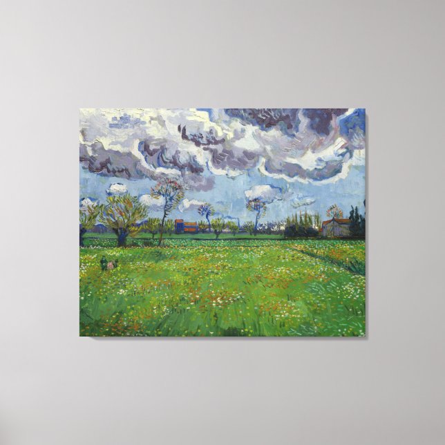 Van Gogh Meadow mit Blume unter einem stürmischen  Leinwanddruck (Vorderseite)
