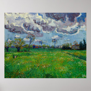Van Gogh Meadow mit Blume unter einem stürmischen Poster