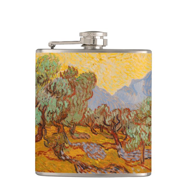 Van Gogh Olive Trees Yellow Sun Sky Flachmann (Vorderseite)