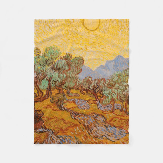 Van Gogh Olive Trees Yellow Sun Sky Fleecedecke (Vorderseite)