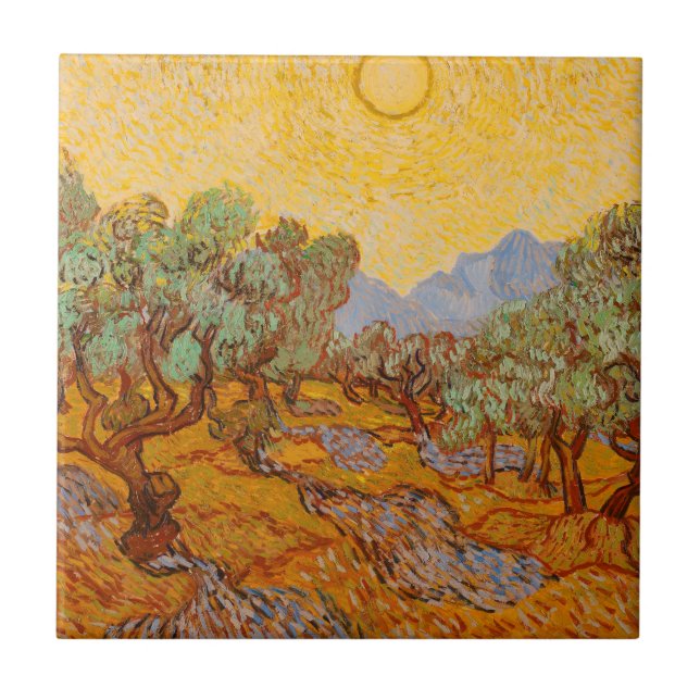 Van Gogh Olive Trees Yellow Sun Sky Fliese (Vorderseite)