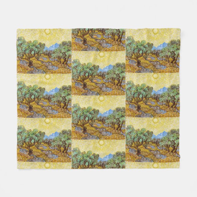 Van Gogh Olive Trees Yellow Sun Sky Malerei Fleecedecke (Vorderseite (Horizontal))
