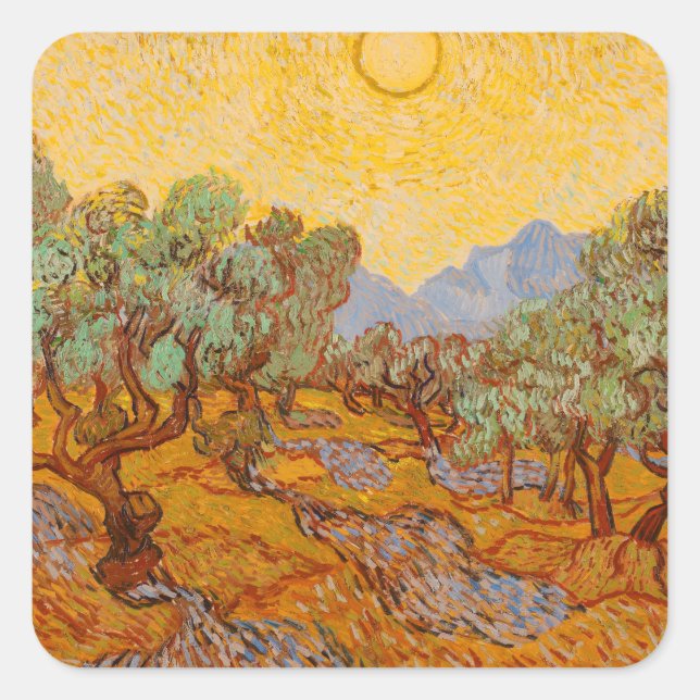 Van Gogh Olive Trees Yellow Sun Sky Quadratischer Aufkleber (Vorderseite)