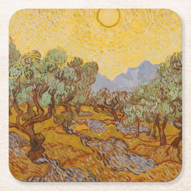 Van Gogh Olive Trees Yellow Sun Sky Rechteckiger Pappuntersetzer (Vorderseite)