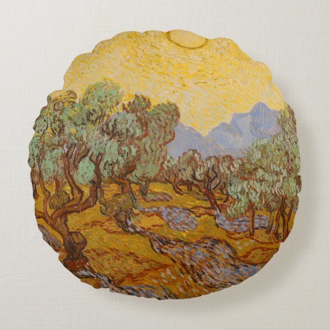 Van Gogh Olive Trees Yellow Sun Sky Rundes Kissen (Vorderseite)