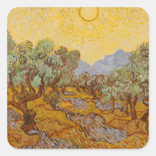 Van Gogh Olivenbäume Gelbe Sonne Himmel Quadratischer Aufkleber