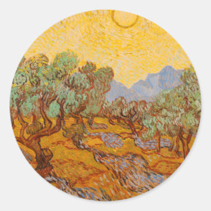 Van Gogh Olivenbäume Gelbe Sonne Himmel Runder Aufkleber