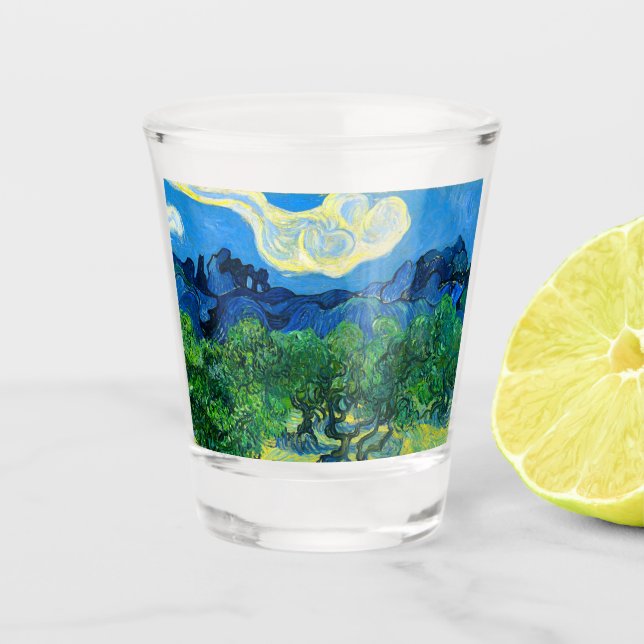 Van Gogh Olivenbäume in einer Bergwelt Schnapsglas (Vorderseite)