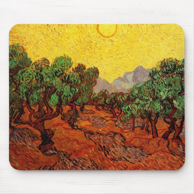 Van Gogh Olivenbäume mit gelbem Himmel und Sonne Mousepad (Vorne)