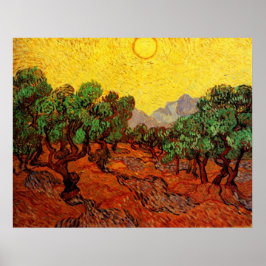 Van Gogh Olivenbäume mit gelbem Himmel und Sonne Poster