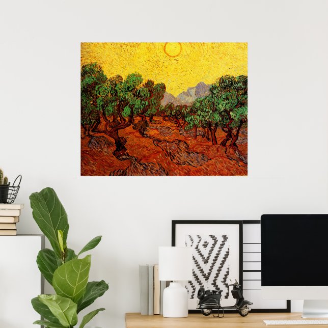 Van Gogh Olivenbäume mit gelbem Himmel und Sonne Poster (Heimbüro)