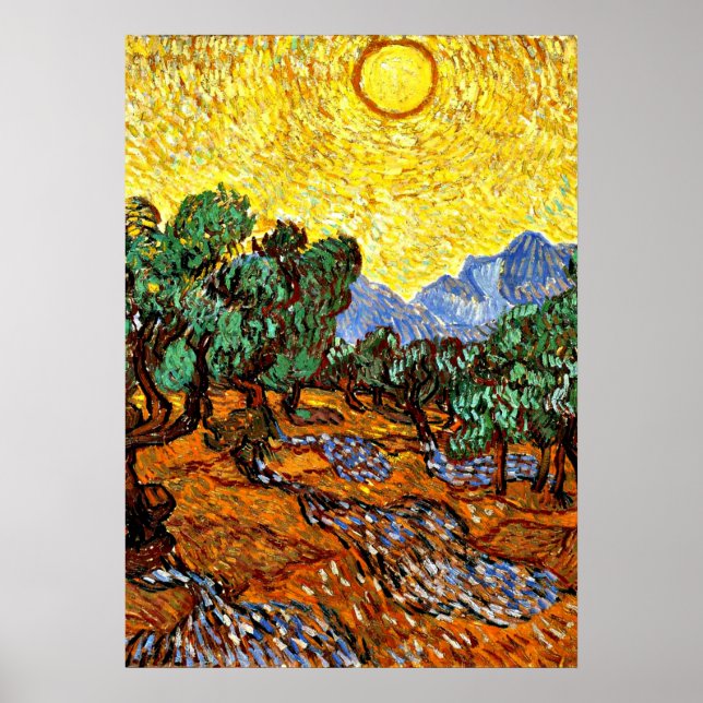 Van Gogh - Olivenbäume mit gelbem Himmel und Sonne Poster (Vorne)