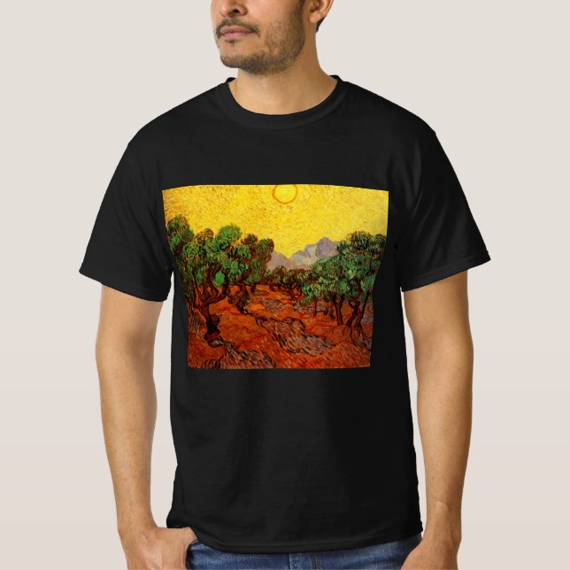 Van Gogh Olivenbäume mit gelbem Himmel und Sonne T-Shirt (Vorderseite)